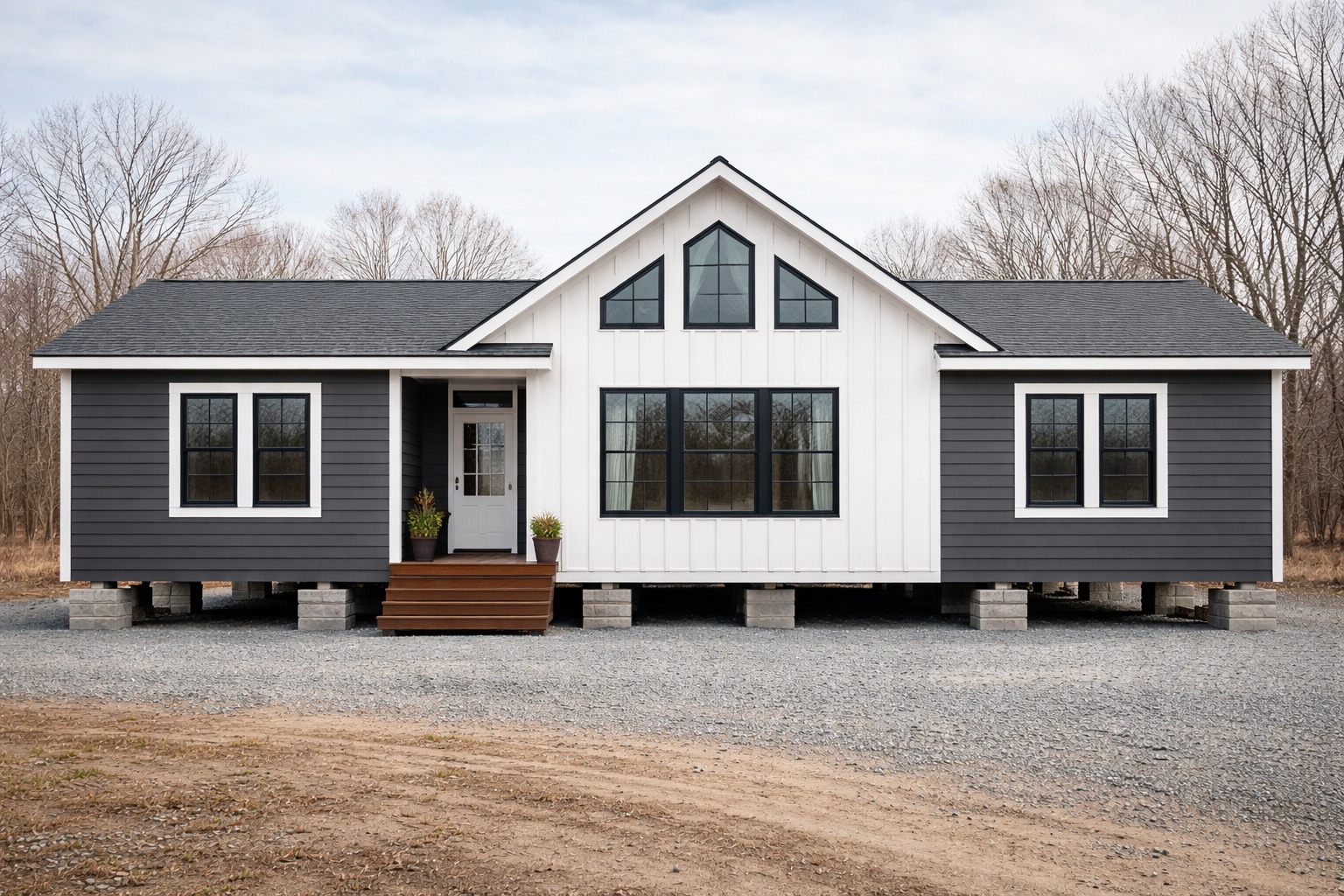 A modern, prefabricated gray and white house on a gravel lot with a gabled roof and large windows, surrounded by leafless trees under a cloudy sky.