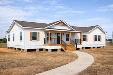 A white, modern prefabricated home with brown shutters and a front porch, set on dry grass, under a partly cloudy sky. The mood is peaceful and inviting.
