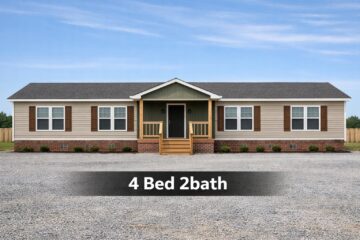 A single-story house with beige siding, brown shutters, and a gray roof sits in a gravel lot. A porch and steps lead to the front door. Text reads: "4 Bed 2 Bath."
