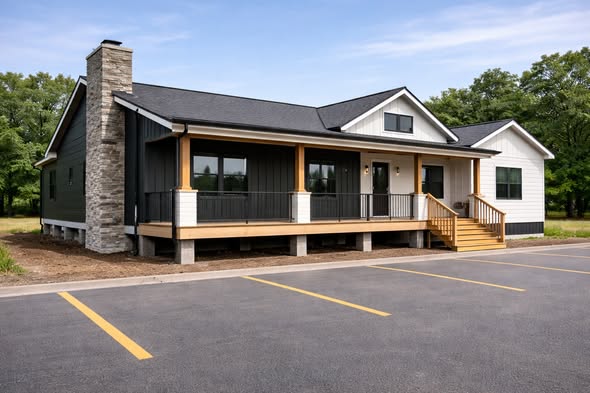 Modern suburban house with a large porch, black and white facade, and a stone chimney. Surrounded by lush green trees and a freshly paved driveway.
