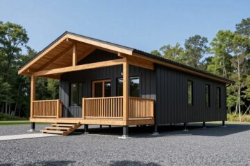 A modern tiny home with a black exterior and wooden porch sits on a gravel lot. Surrounded by trees, it conveys a serene, minimalist vibe.