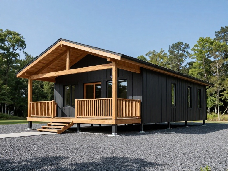 A modern tiny home with a black exterior and wooden porch sits on a gravel lot. Surrounded by trees, it conveys a serene, minimalist vibe.