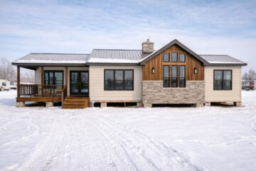 A modern house with a gray metal roof stands in a snowy landscape, combining wood and stone siding. The atmosphere is serene and cold.