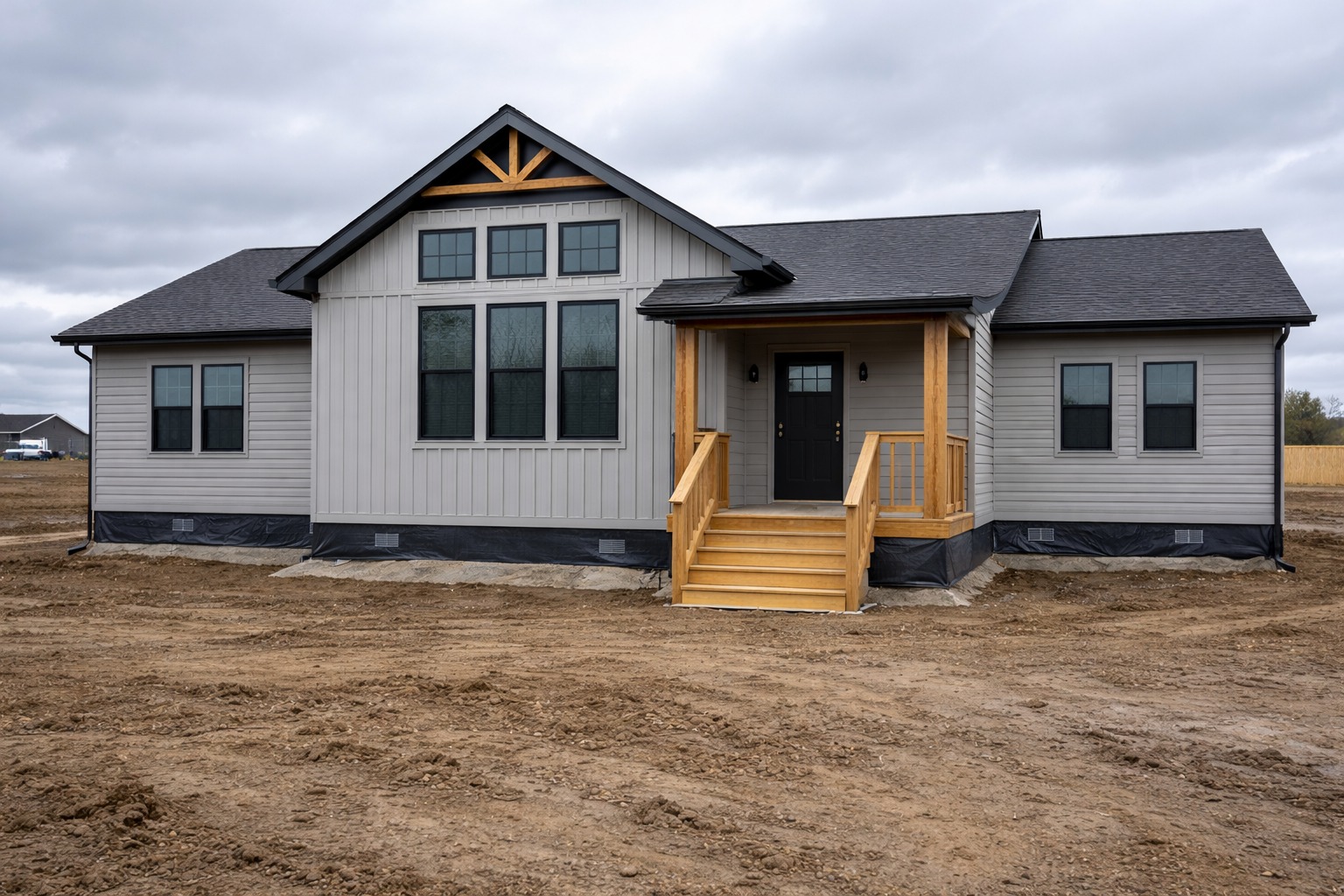 Single-story house with a gray facade and multiple front windows. Features a wooden porch and stairs, set against a barren, cloudy backdrop.