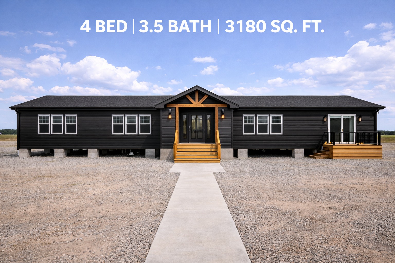 A modern black house with a gabled porch, large windows, and wooden steps, set in a barren landscape under a clear blue sky. Text above states "4 Bed | 3.5 Bath | 3180 Sq. Ft."