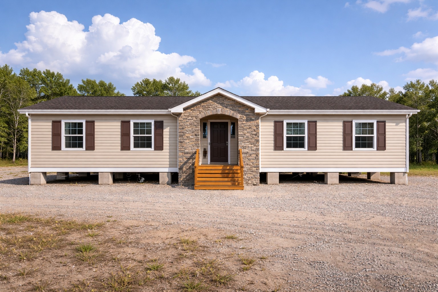 Single-story modular home on a gravel lot, featuring beige siding, brown shutters, and stone accents. Sunny day with blue sky and scattered clouds.