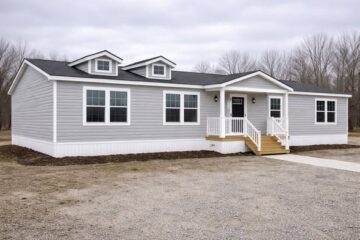 Single-story, gray manufactured home with white trim and two small dormer windows. It features a front porch with steps and a gravel driveway. Overcast sky.