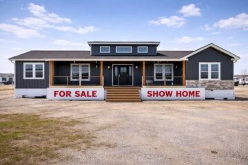 Modern single-story show home with dark siding, large porch, and three small upper windows. Signs read "For Sale" and "Show Home" in bold red letters.