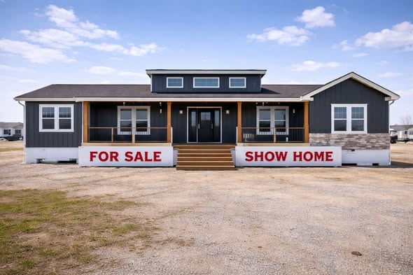 Modern single-story show home with dark siding, large porch, and three small upper windows. Signs read "For Sale" and "Show Home" in bold red letters.