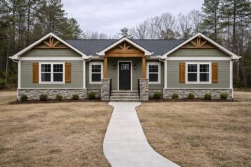 Single-story green house with a dark roof, wooden shutters, and a stone-accented entrance. Surrounded by a brown lawn and bordered by a forested area.