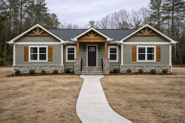 Single-story green house with a dark roof, wooden shutters, and a stone-accented entrance. Surrounded by a brown lawn and bordered by a forested area.