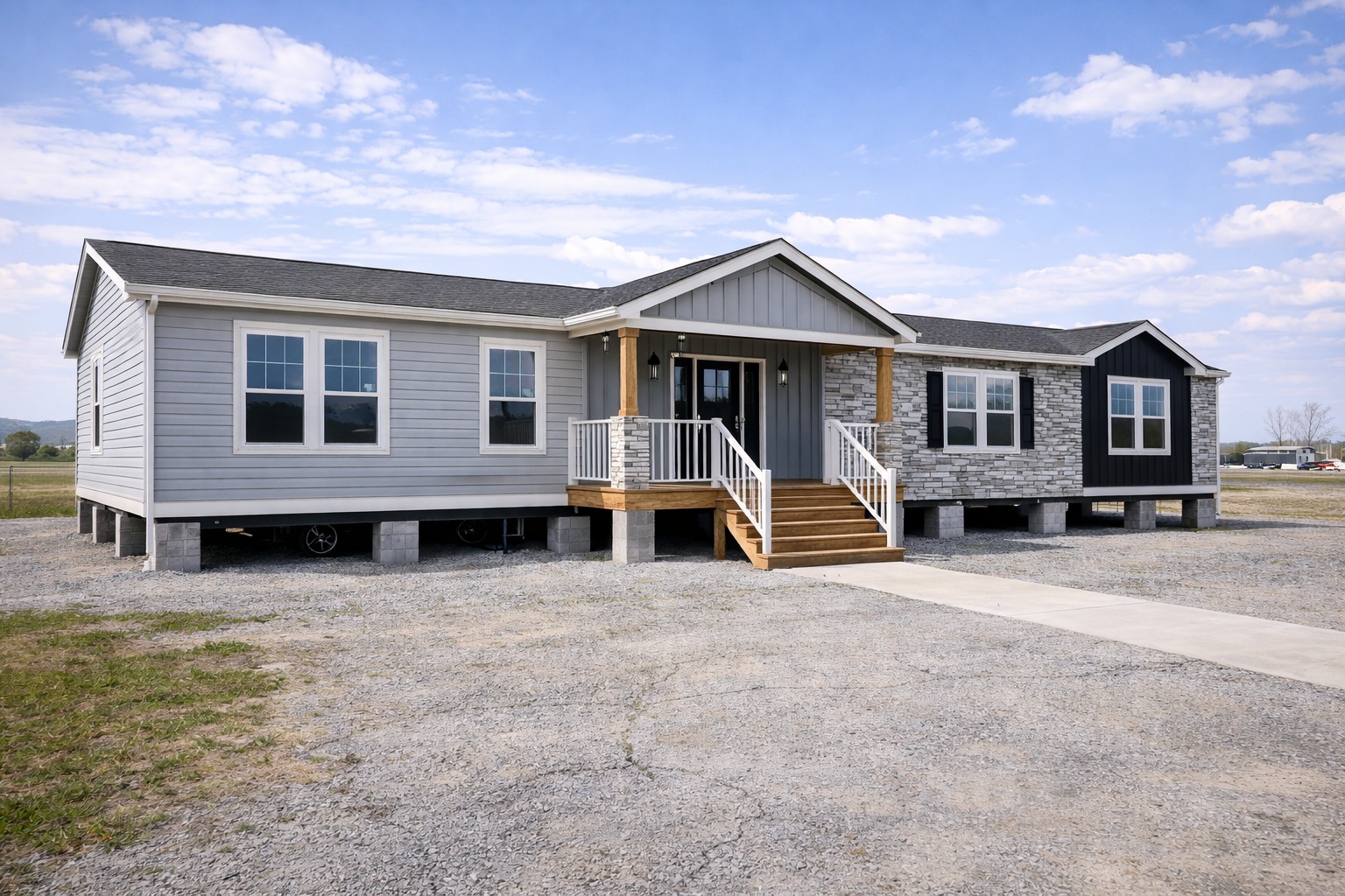 Single-story modular home with gray siding, stone accents, and a wooden porch. Set on a gravel lot under a clear, blue sky, conveying simplicity and tranquility.