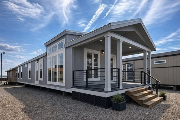 Modern gray mobile home with large windows and white trim. It has a small porch with steps, black railings, set on gravel, under a partly cloudy sky.