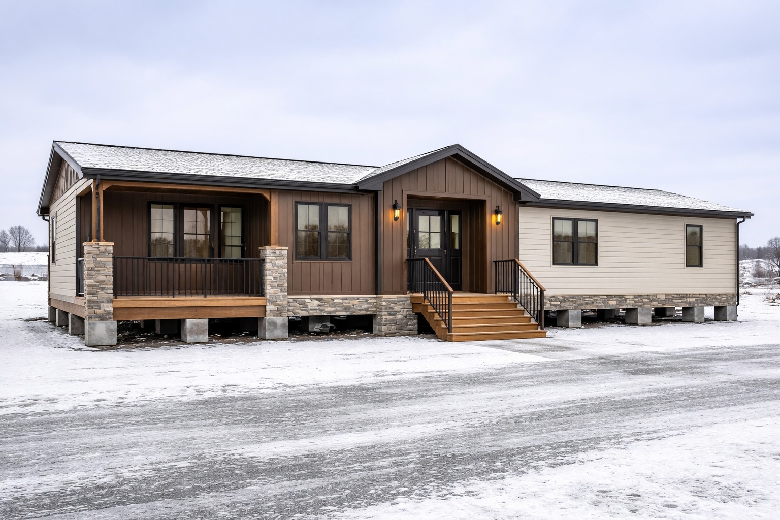 A modern manufactured home sits in a snowy landscape, featuring a brown and beige exterior, front porch with stone columns, and lit entrance, conveying warmth.