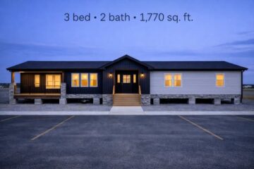 Single-story house at dusk with glowing windows, featuring a central entrance and a porch. Text above reads "3 bed • 2 bath • 1,770 sq. ft."