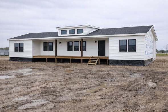 A white, single-story prefab house with a dark roof on a muddy, undeveloped lot. It features a porch with wooden steps and large windows, under a cloudy sky.