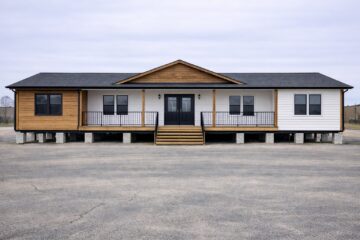 Single-story modular home with a mix of wood and white siding, elevated on concrete blocks. It features a central black double door and outdoor steps.