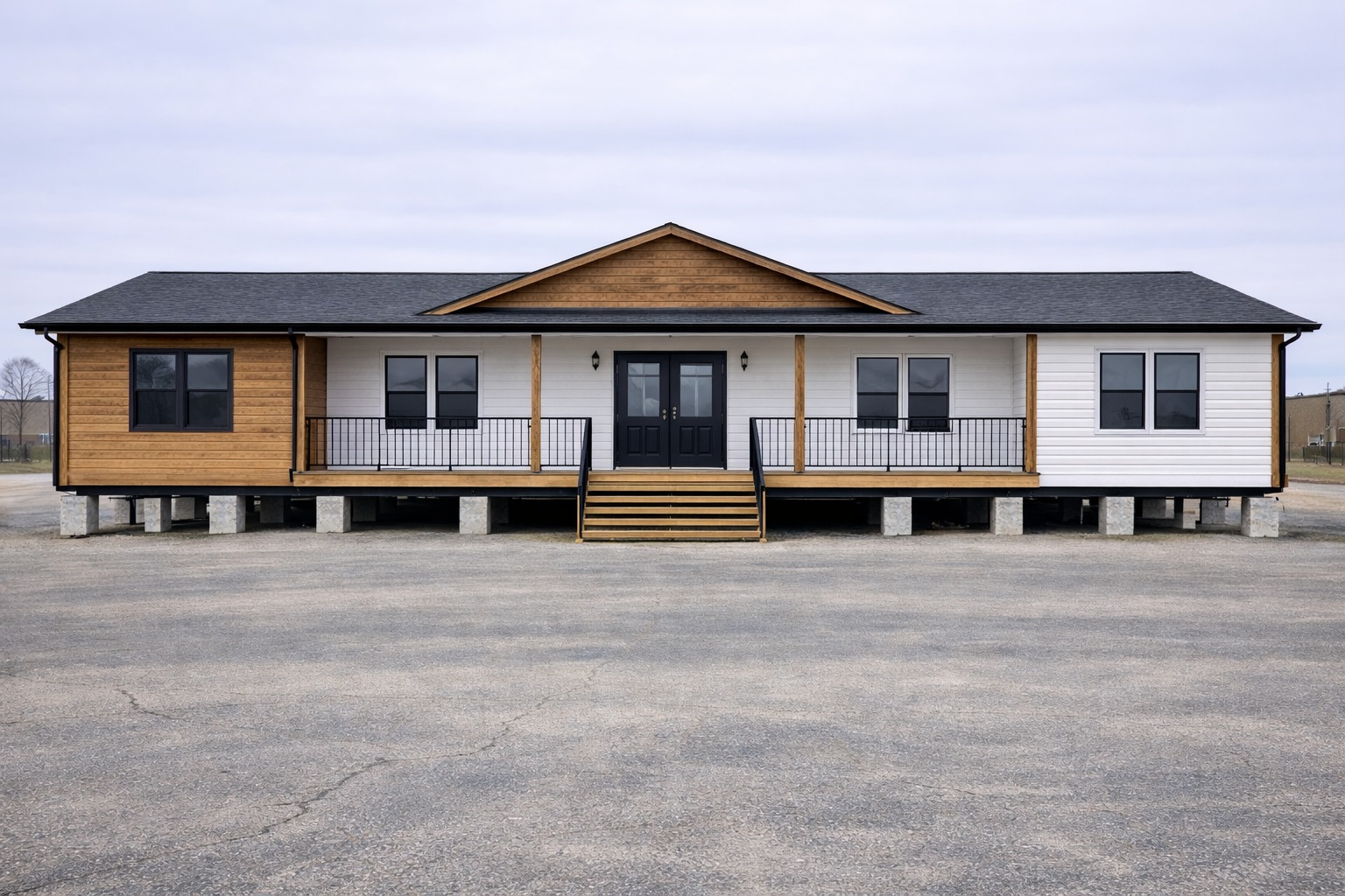 Single-story modular home with a mix of wood and white siding, elevated on concrete blocks. It features a central black double door and outdoor steps.