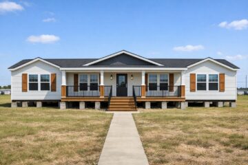 A single-story, white manufactured home with a black roof, wooden shutters, and a raised porch. It's surrounded by grass on a clear, sunny day.