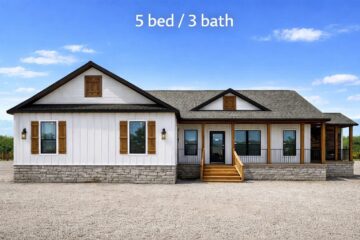 Single-story home under a clear blue sky, featuring white siding, wooden shutters, and a stone foundation. Text reads "5 bed / 3 bath" above the house.