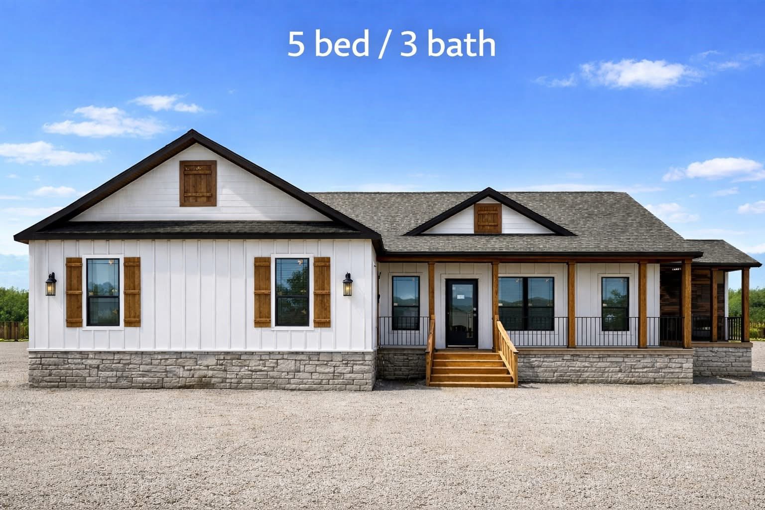 Single-story home under a clear blue sky, featuring white siding, wooden shutters, and a stone foundation. Text reads "5 bed / 3 bath" above the house.