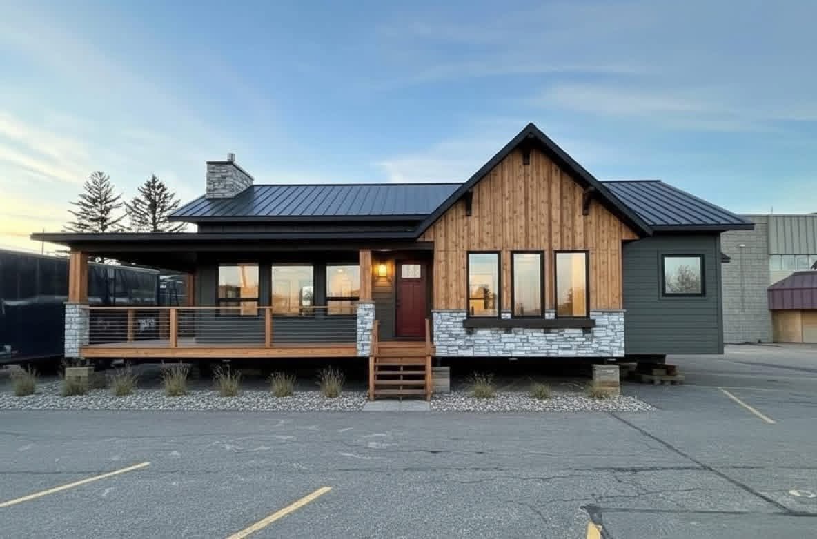 A modern single-story house with wooden and stone facade, large windows, and a gable roof. It has a porch with railing and is set against a clear sky.