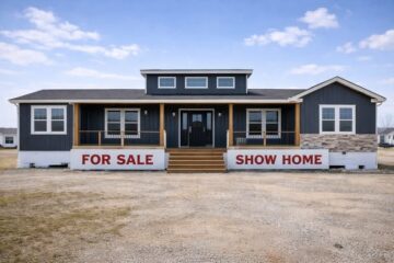 A blue and white show home with a gabled roof is displayed for sale. Large banners reading "FOR SALE" and "SHOW HOME" adorn the front. Bright, clear day.