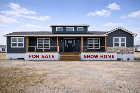 A blue and white show home with a gabled roof is displayed for sale. Large banners reading "FOR SALE" and "SHOW HOME" adorn the front. Bright, clear day.