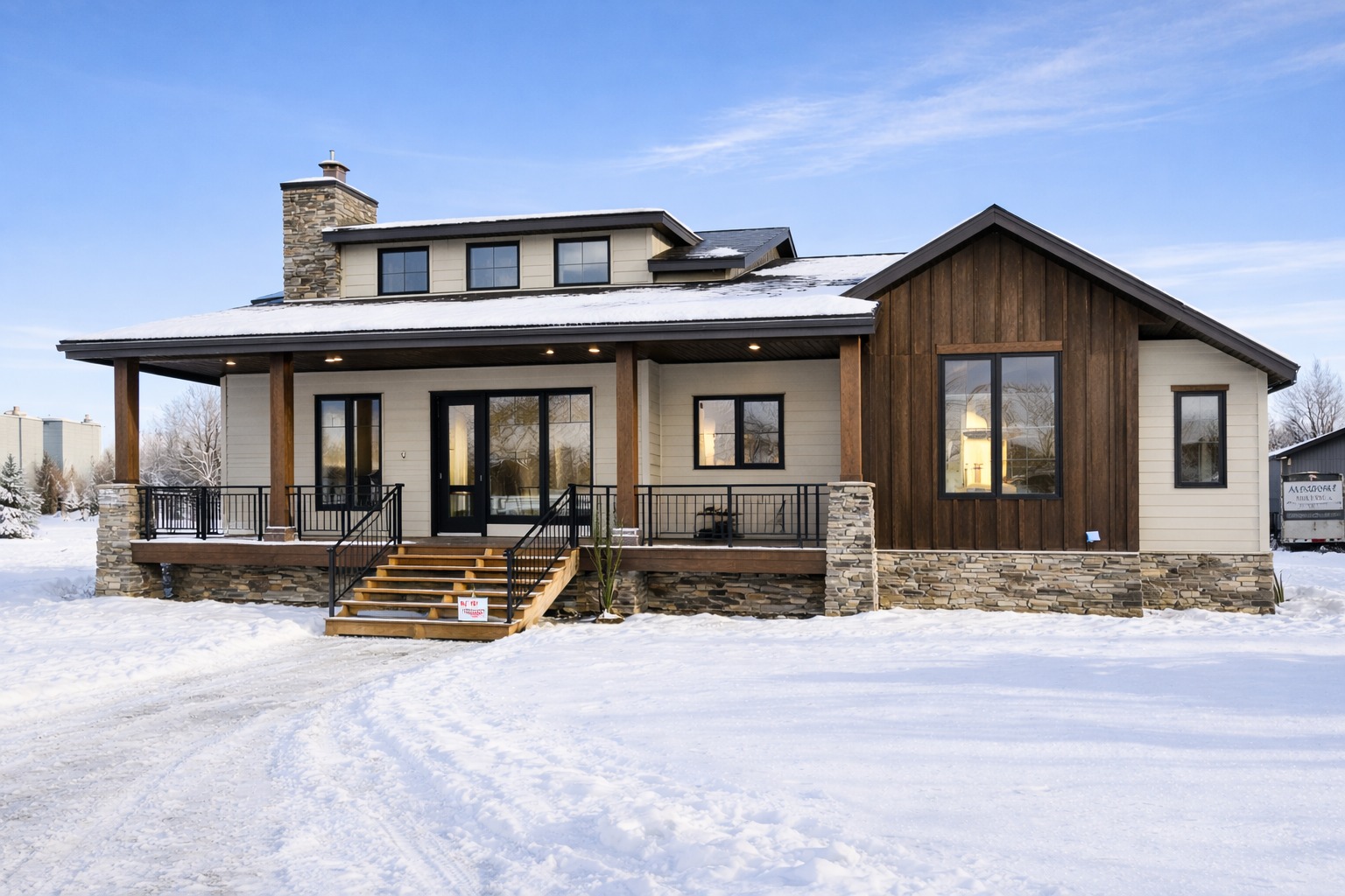 A modern house with a stone chimney and wooden accents, set in a snowy landscape under a clear blue sky. It has a welcoming porch with steps.