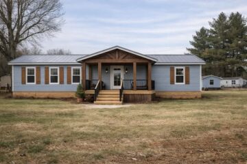 A blue ranch-style house with a wooden porch and steps, surrounded by a flat, grassy yard. Leafless trees and evergreen pines are in the background.