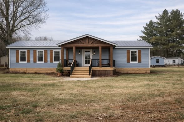 A blue ranch-style house with a wooden porch and steps, surrounded by a flat, grassy yard. Leafless trees and evergreen pines are in the background.