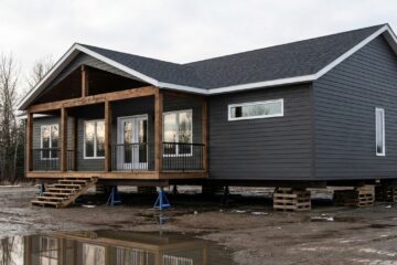 A modern, dark gray house on elevated blocks, with large windows and a porch, situated in a muddy area with leafless trees under a cloudy sky.