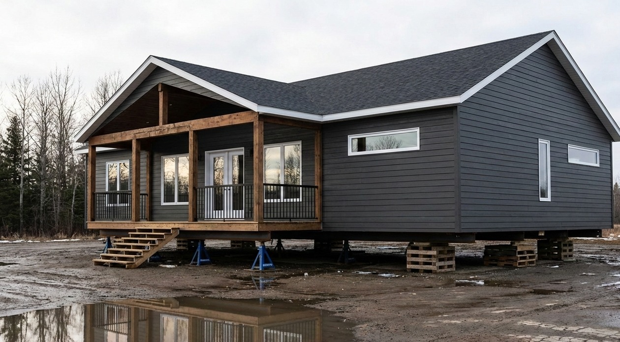 A modern, dark gray house on elevated blocks, with large windows and a porch, situated in a muddy area with leafless trees under a cloudy sky.