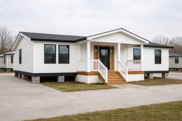 A modern white manufactured home with a black roof sits on a concrete lot with green grass. It features a wooden front porch and steps, creating a welcoming feel.