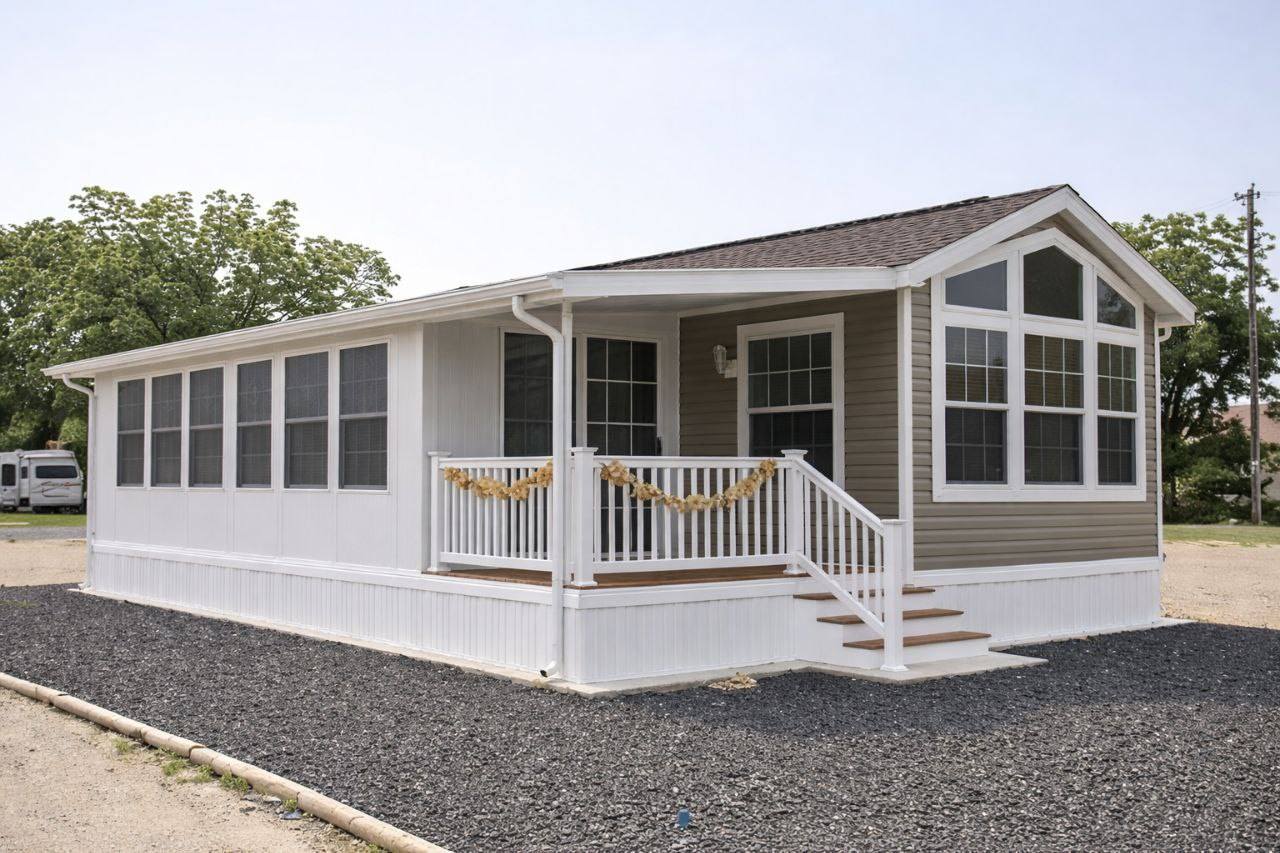 A small, single-story mobile home with a gabled roof, featuring large windows and a porch adorned with a garland. The house is set on a gravel lot.