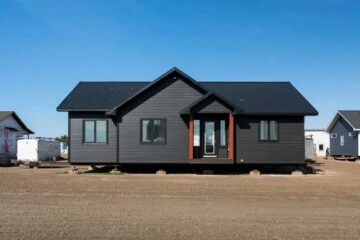 Modern, dark-colored prefab home with peaked roof sits on a dirt lot under clear, blue skies. Nearby structures and containers suggest a development site.