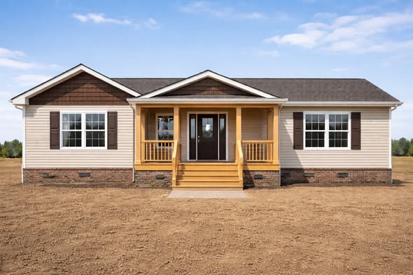 Single-story beige house with brown shutters and a wooden porch set on a bare dirt lot. Clear blue sky enhances the house's welcoming appearance.