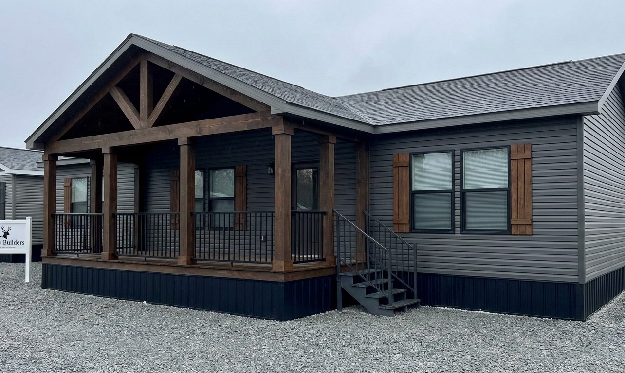 A modern, gray modular home with a wooden porch and gabled roof. The inviting exterior features large windows and wooden shutters, set on a gravel lot.