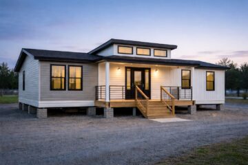 A modern, single-story modular home at dusk with warm lights, a central porch, large windows, and a backdrop of trees under a serene twilight sky.
