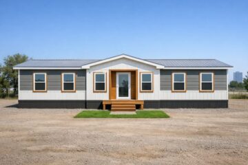 A modern, single-story modular home with gray siding and white trim sits on a dirt lot. It features a central entrance with wooden steps and small grassy patches.