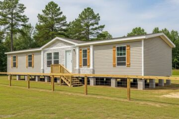 A beige mobile home with a stone accent and wooden shutters stands elevated on concrete blocks. It's surrounded by a grassy yard and a wooden fence, with trees in the background.