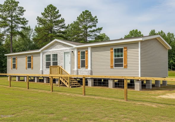 A beige mobile home with a stone accent and wooden shutters stands elevated on concrete blocks. It's surrounded by a grassy yard and a wooden fence, with trees in the background.