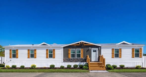 A modern, single-story white manufactured home with wooden shutters and a stone accent facade, set against a clear blue sky. A small porch with steps leads to the entrance, surrounded by neatly arranged shrubs, conveying a tidy, welcoming vibe.