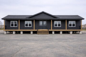A dark gray, rectangular building with a symmetrical facade. It has four windows and a central door, elevated on stilts with wooden railings and steps.
