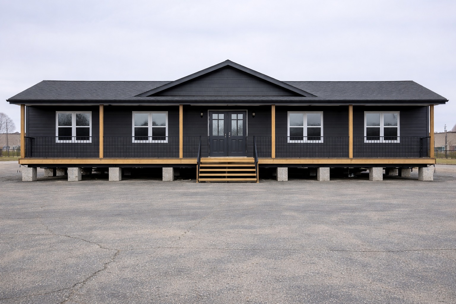 A dark gray, rectangular building with a symmetrical facade. It has four windows and a central door, elevated on stilts with wooden railings and steps.