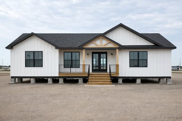 A modern white modular home with black window frames, a covered front porch, and wooden steps, set on concrete blocks against a cloudy sky.