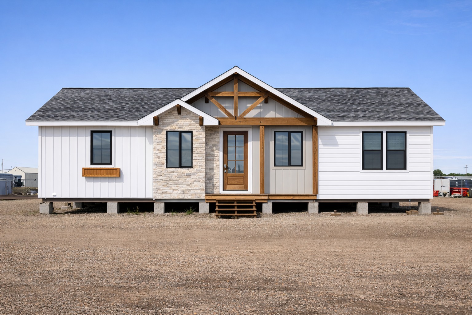 A modern, single-story prefab home with white siding, stone accents, and a wooden door under a peaked roof. It's set in a gravel lot under a clear blue sky.
