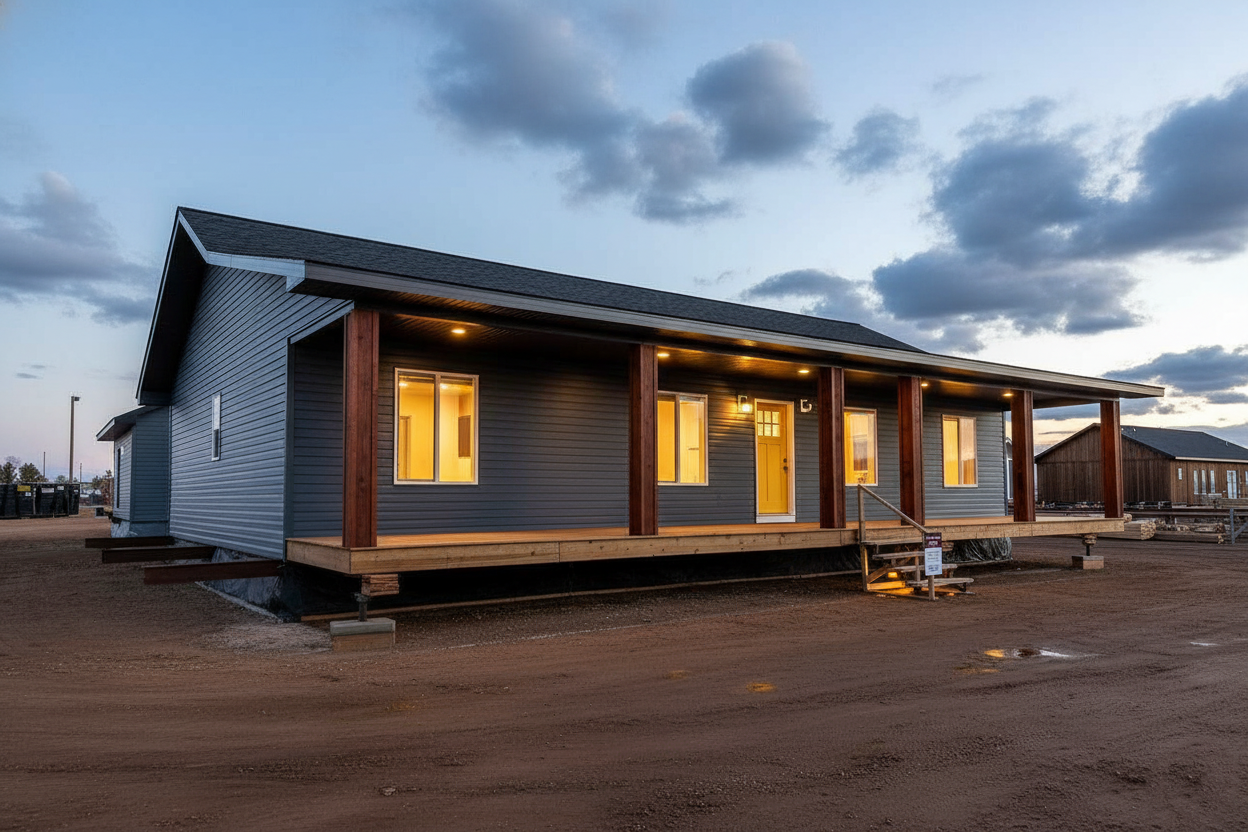 A modern, single-story house with gray siding and wood accents is set against a sunset sky. Warm interior lights glow from the windows, creating a cozy ambiance.