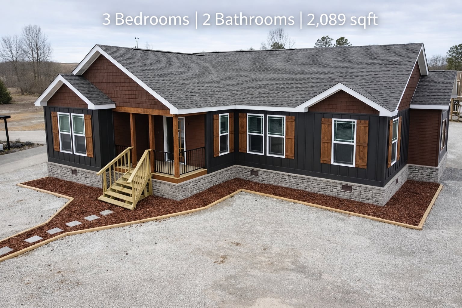 Single-story house with gray roof, dark siding, and wooden accents. It features a small porch and steps, surrounded by gravel. Text: "3 Bedrooms | 2 Bathrooms | 2,089 sqft."