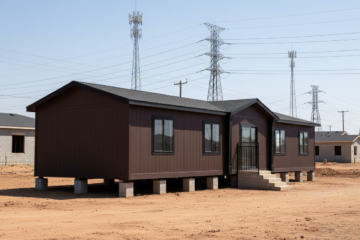 A brown modular home sits elevated on blocks in a barren, dusty landscape. Power lines and towers loom in the background under a clear blue sky.